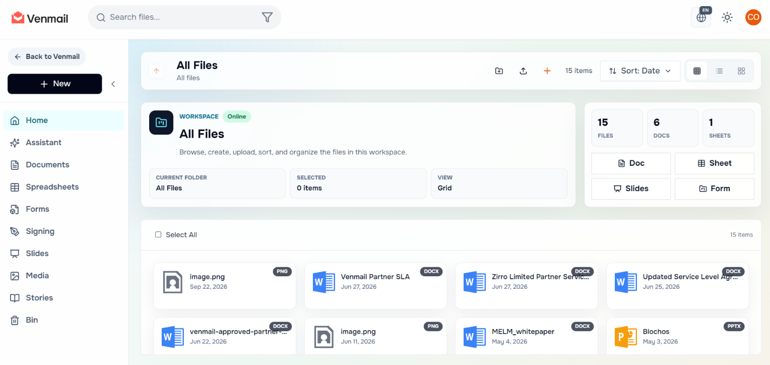 Venia Cloud workspace with shared files and team tools